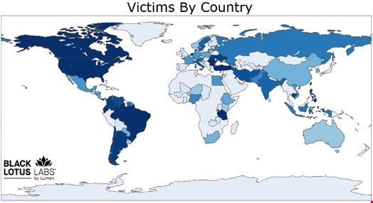 Victims by country, where darker shades of blue represent higher victim counts.