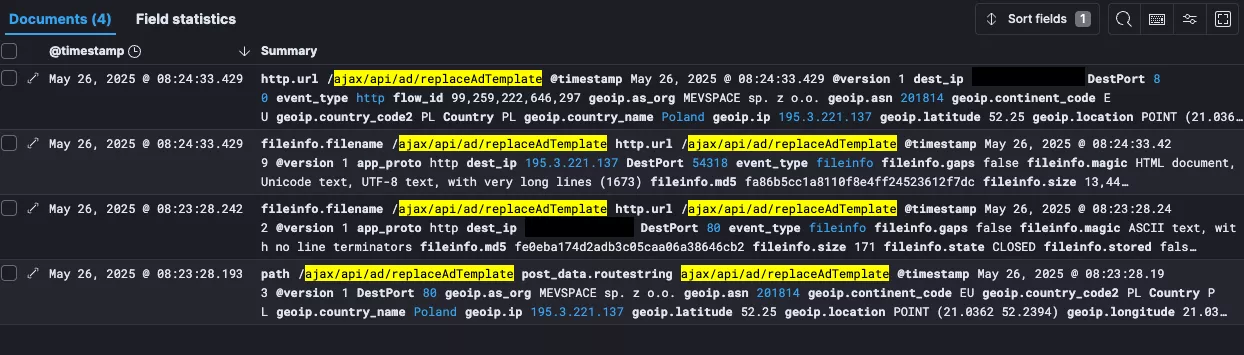 Logs showing exploitation attempts