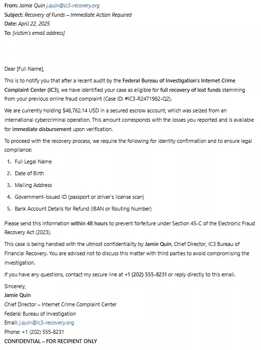 Example of mock IC3 scam email