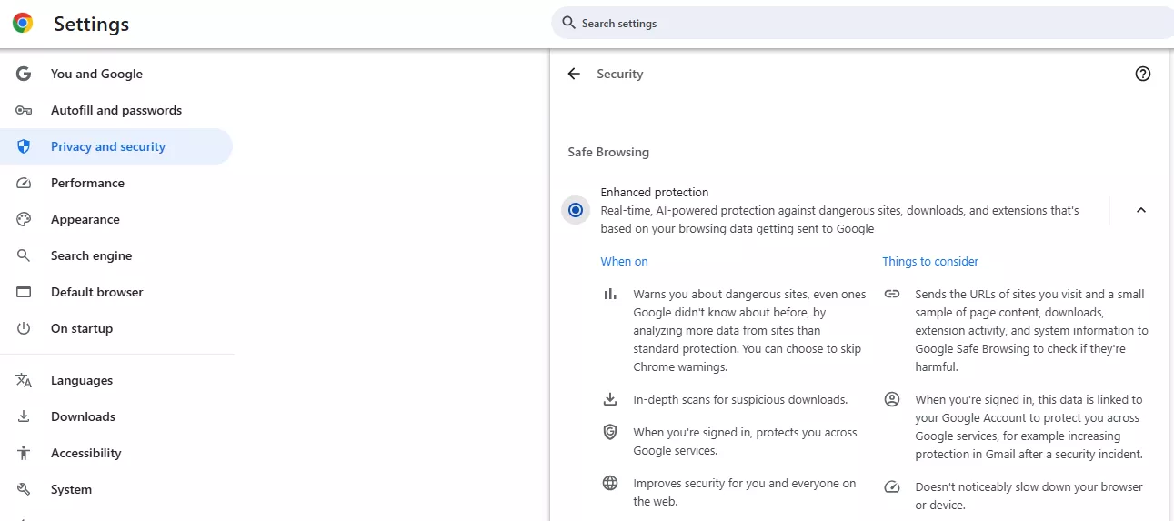 Safe Browsing settings