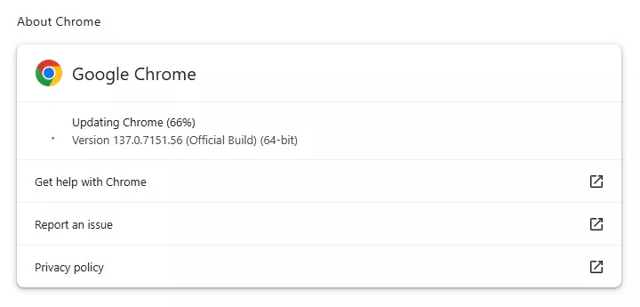 The About Chrome menu while updating