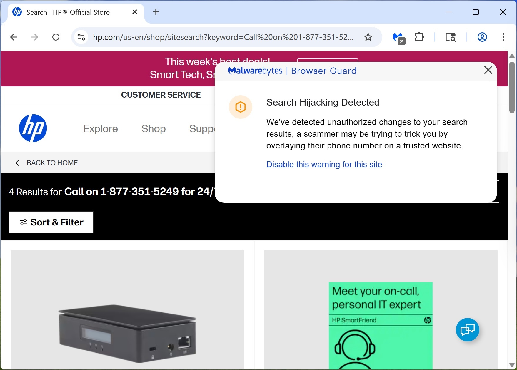HP Customer Service page with scammer's phone number