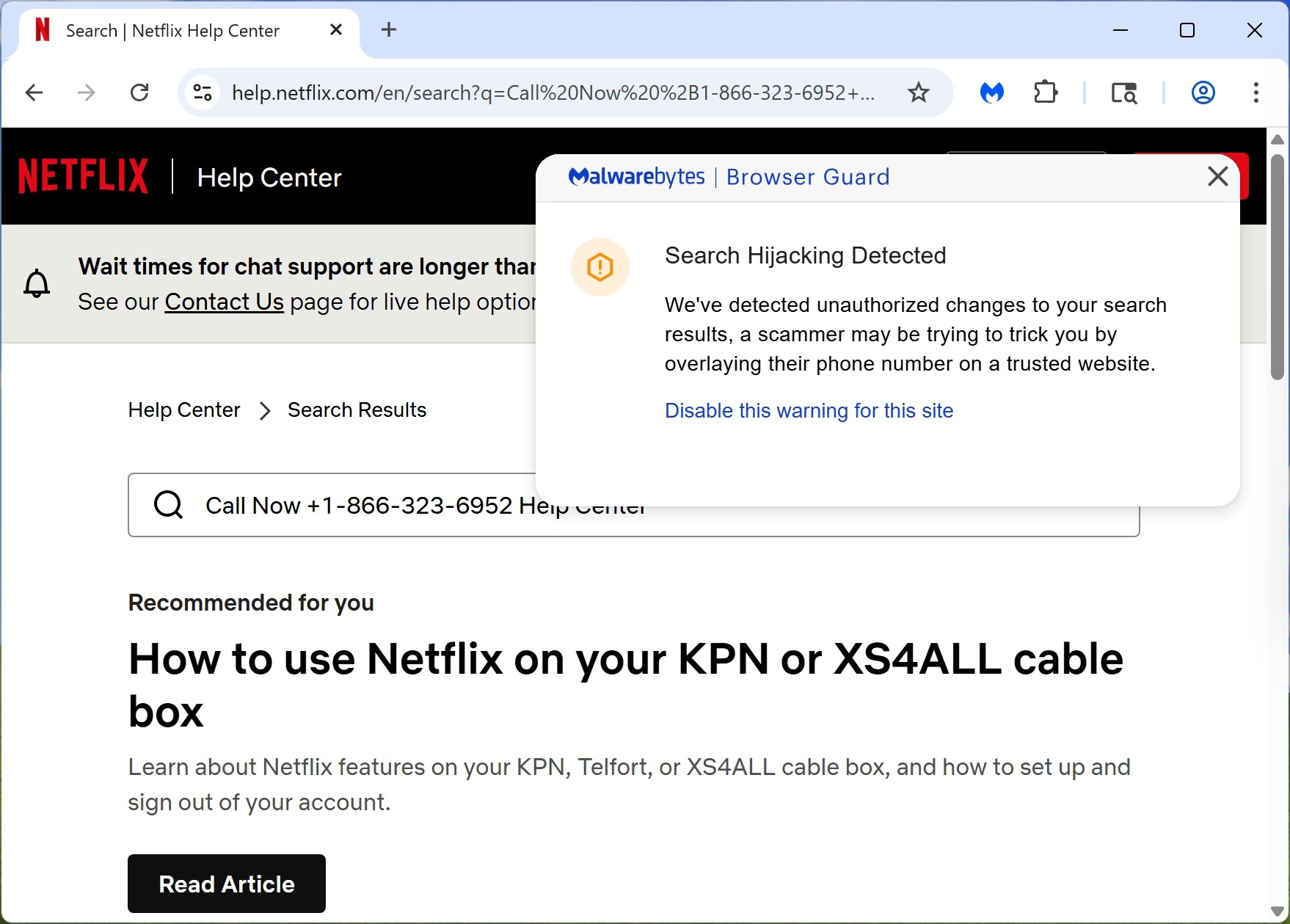 Netflix Help Center with scammer's number