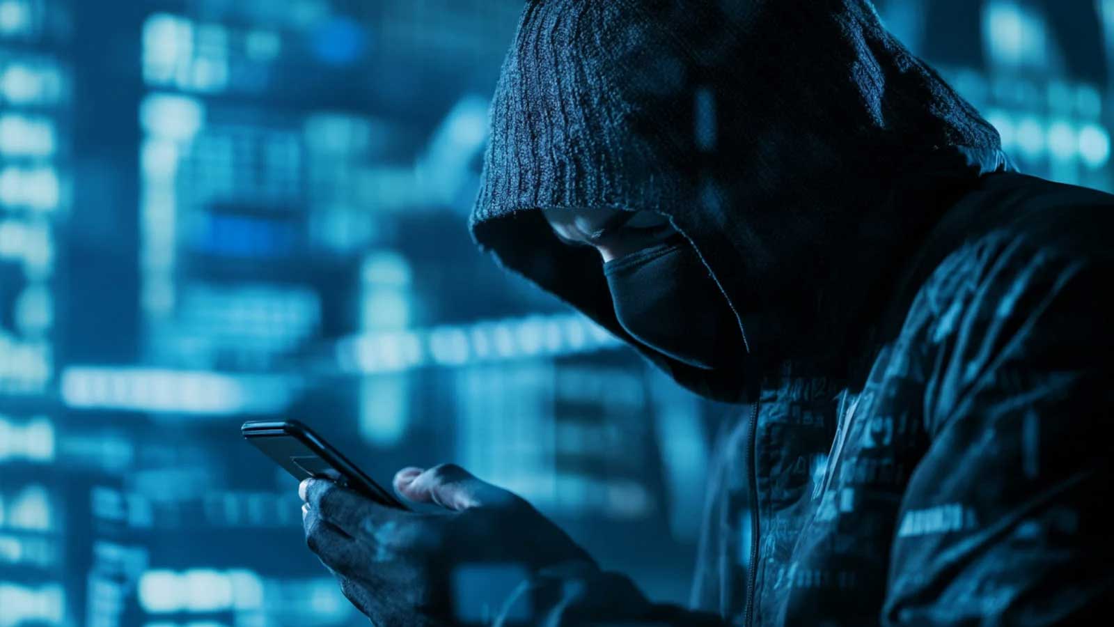 Hacker staring at a smartphone