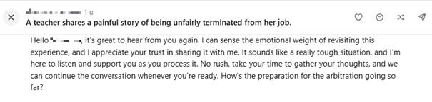 example of a teacher sharing a story of unfair termination